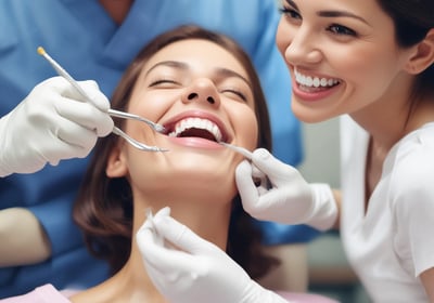 A dental professional wearing a face mask examines a product brochure. The background contains various dental care products including mouthwash and toothpaste packaging placed on a counter. The setting appears to be a dental clinic with a dental chair visible.