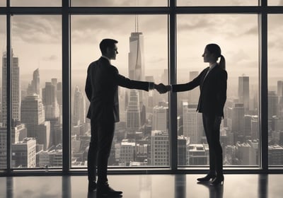 Dos profesionales inmobiliarios, uno hombre, otra mujer, ambos vestidos con traje formal