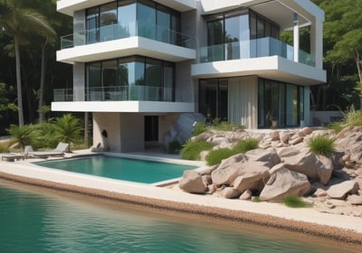 A construction site covered with blue scaffolding is visible. Several signs and banners advertising construction companies and services are attached to the scaffolding. There are details indicating restoration work being done, including contact information and project descriptions.