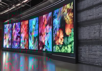 A wall-mounted screen displays an image of a woman with dark hair tied back. The screen is set against a white tiled wall in a room with dim lighting. The floor appears to be made of a light-colored stone or concrete material. A black soundbar or speaker is positioned just below the screen.