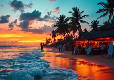 a beach with people standing on the sand