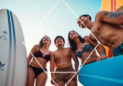 a group of people standing around a surfboard