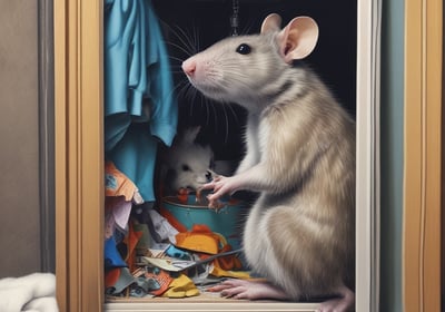 A rat is sitting on a wooden structure in a garden setting. The surrounding grass is lush and green, and there is a metallic bowl or feeder hanging above.