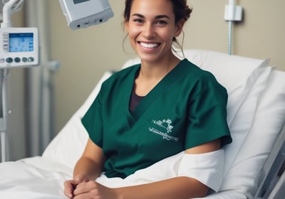 A large, modern healthcare facility stands under a partly cloudy sky with the sun peeking out from behind. The building has a mix of white, gray, and pastel pink sections and features the signage 'Klinik Kesihatan Bandaraya Miri'. The foreground shows an empty parking lot with clear markings and surrounding greenery.