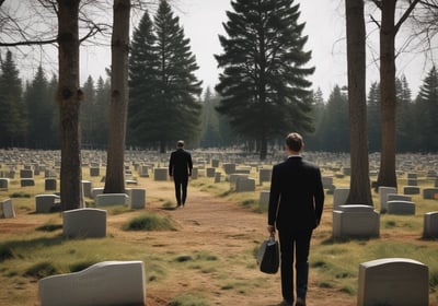 im hintergrund ist ein wald friedhof zu sehen. ein mann in einem schwarzen anzug und einer mappe