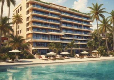 Three modern beach houses with large windows and balconies are situated side by side. A sandy beach lies in the foreground, and a tall palm tree stands behind one of the houses. Bright red umbrellas are visible on the patios, adding a pop of color to the neutral tones of the buildings.