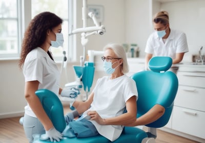 a woman is getting her teeth brushed with a dental mirror