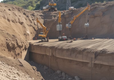 Workers wearing safety gear are engaged in construction activities at a site with rocky terrain. They are handling large metal rods, possibly for reinforcing concrete structures. Piles of earth and construction materials surround the area.