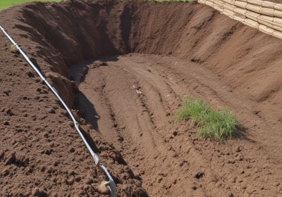 Workers wearing safety gear are engaged in construction activities at a site with rocky terrain. They are handling large metal rods, possibly for reinforcing concrete structures. Piles of earth and construction materials surround the area.