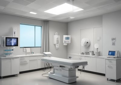 A vintage medical office with retro equipment, including old X-ray images displayed on a lightbox. The room has a checkered black and blue floor, a variety of medical devices, a telephone on a desk, and posters on the walls. Large windows let in natural light.
