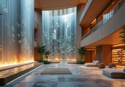 a large waterfall in a large room with a waterfall
