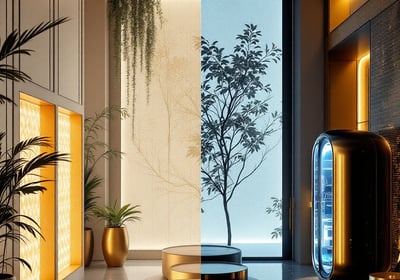 a living room with a large window and a tree