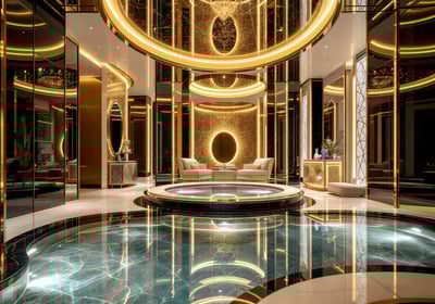 a large room with a circular pool in the middle