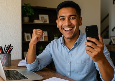 Hombre alegre sosteniendo su celular por haberse concretado una venta mientras él trabajaba en casa.