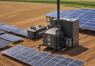 Expansive solar panel installation spread across a large, open area, nestled in front of lush green hills under a clear blue sky.