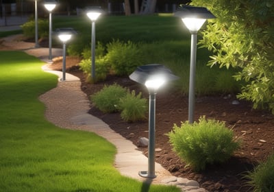 Expansive solar panel installation spread across a large, open area, nestled in front of lush green hills under a clear blue sky.