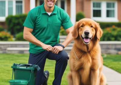 A red outdoor waste bin situated on a grassy area, with a black plastic bag lining the top. The bin features a sign illustrating a person disposing of waste alongside a dog, indicating it is for dog waste. The background is slightly blurred, showing green trees and a blue sky.