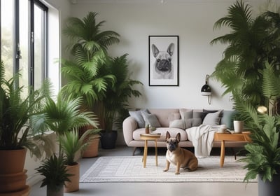 A cozy interior space featuring lush green foliage from several potted plants, including a prominent rubber plant in the foreground. A dark green wall provides a natural backdrop, along with an arched doorway leading further into the space. The word 'PRAIRIE' is displayed on the wall, contributing to a relaxed ambiance.