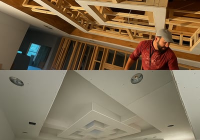Ceiling remodeling process in Douglas GA by Garnet Painting — from wood framing to completed drywall ceiling design.