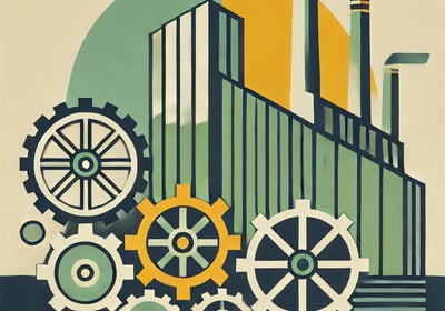 Dans un style art déco  rouages et usines en arrière plan