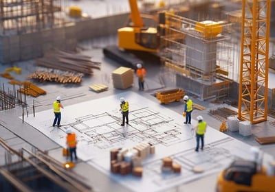 a group of construction workers standing in front of a building