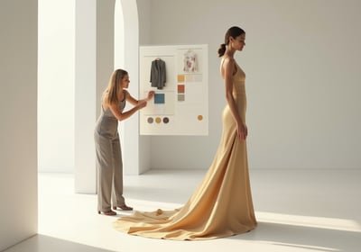 1 person planning and another person modeling a dress