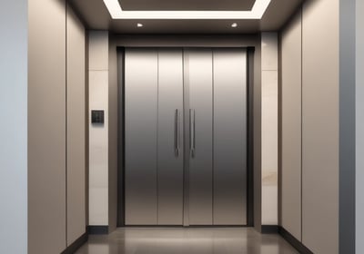 A modern glass elevator shaft inside a building with metal mechanisms and railings. The structure is enclosed with transparent panels, revealing the mechanical details. Sunlight streams in from large, industrial-style windows, creating a pattern of light and shadow.