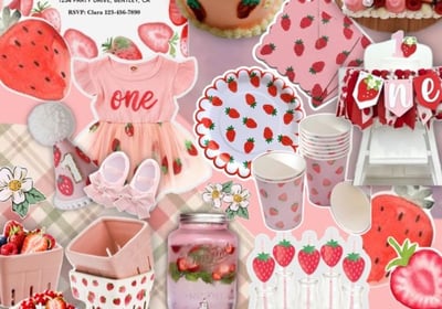 mood board for strawberry theme birthday party