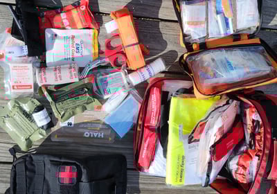 Large selection of trauma and first aid supplies used in Individual First Aid Kits