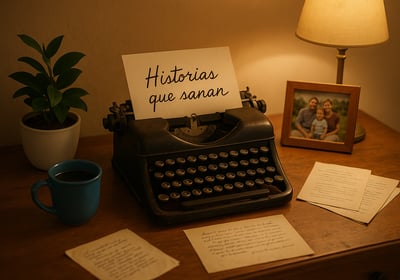 a typewriter typewriter on a desk with a notepad and a cup of