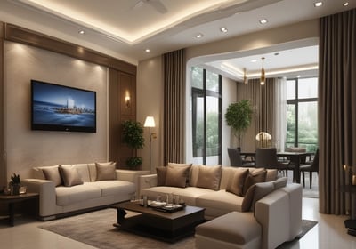 A tablet displaying a collection of interior design photos, showcasing rooms bathed in warm sunlight. The images feature modern, stylish living spaces with large windows, cozy seating, and decorative elements.