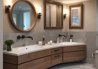A showroom displaying modern, minimalist wardrobes and dressers with a light wood and white color scheme. The space is organized, showing various styles of wardrobes with sliding and hinged doors, some with mirrors. Tags with product information are visible, suggesting a retail setting.