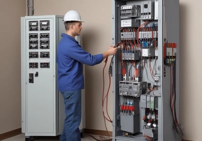 A sleek, modern energy storage unit with a digital display screen near the top and a green LED indicator below. The unit has a white and gray color scheme with a logo in the middle section.