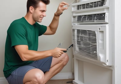 a man in a green shirt is cleanning a air conditional