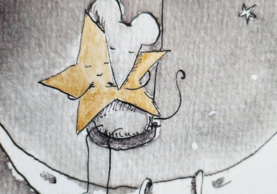 a drawing of a little mouse on a swing set