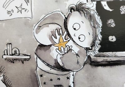 a drawing of a boy catching a star