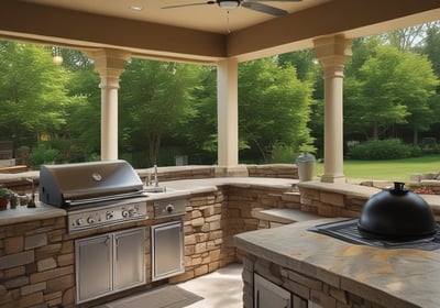 A patio with a pergola, featuring string lights and a cozy outdoor dining area with cushioned chairs. The patio includes a built-in grill on the left and a fire pit in the center. The setting overlooks a serene landscape with autumn foliage in the background under a soft, evening sky.