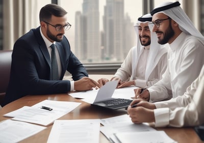 A professional consultation setting with a medical professional sitting at a desk facing a client. The room has a modern aesthetic with white walls decorated with framed certificates. The desk is organized with office supplies, a laptop, and a fruit bowl in the center.