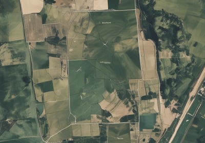 A vast agricultural field filled with rows of plants, possibly beetroot or similar leafy greens. The field is bordered by lush trees and hills in the background, contributing to a serene rural landscape. Sprinklers are visible throughout the field, indicating an irrigation system in place.