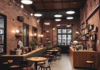 A cozy coffee shop setting features a barista preparing drinks. The scene is framed with warm lighting and handwritten chalk menus hanging above. Various coffee-making equipment and disposable cups are visible, suggesting a focus on artisanal coffee preparation.