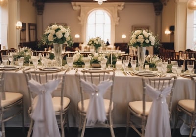 An elegantly decorated event hall with round tables covered in white tablecloths and red accents, such as chair bows and floral table centerpieces. The room has draped curtains and wooden beams, with stage lighting in the background.