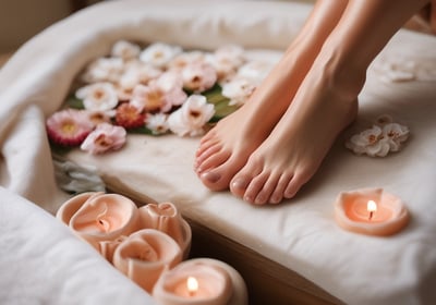 A nail salon setting featuring two hands, one receiving a manicure while the other is filing the nails. The workspace includes a ventilation device and a selection of colored nail polish samples.
