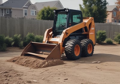 A large-scale construction site set in a partially cleared forest area, featuring winding dirt roads and an array of heavy machinery. The landscape is dominated by red-brown earth, with a linear structure running horizontally across the scene and several clusters of construction material.