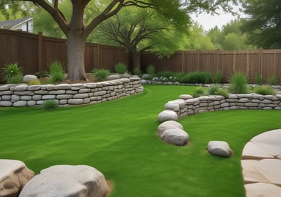 A geometric landscape design featuring a mix of materials, including a triangular patch of green grass, gravel, and white pavement. The area is bordered by a low fence, and several small trees are planted in the grass. Red lamp posts provide a pop of color against the neutral tones.