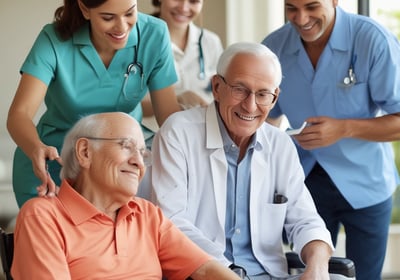 Two elderly individuals are moving along a paved path in an urban setting. One person is using a mobility scooter and the other is walking with a cane. They are both dressed in light-colored clothing and surrounded by buildings and trees.