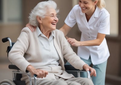 An elderly person in a wheelchair is facing down a long corridor lined with doors. The lighting is dim, casting shadows along the tiled floor. The person is wearing a patterned shirt and the corridor appears to be in a clinical or institutional setting, possibly a hospital or care facility. An open door on the right side reveals part of another room.