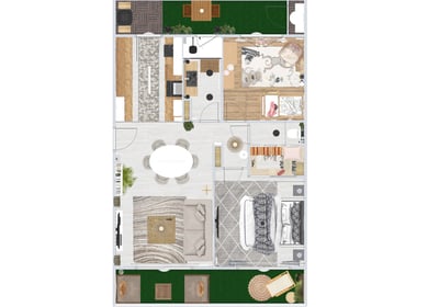 a plan of a house with a living room and dining area