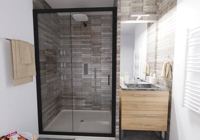 a bathroom with a shower and a sink