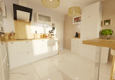 a kitchen with a table and chairs and a table