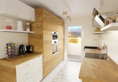 a kitchen with a wooden counter top and a microwave